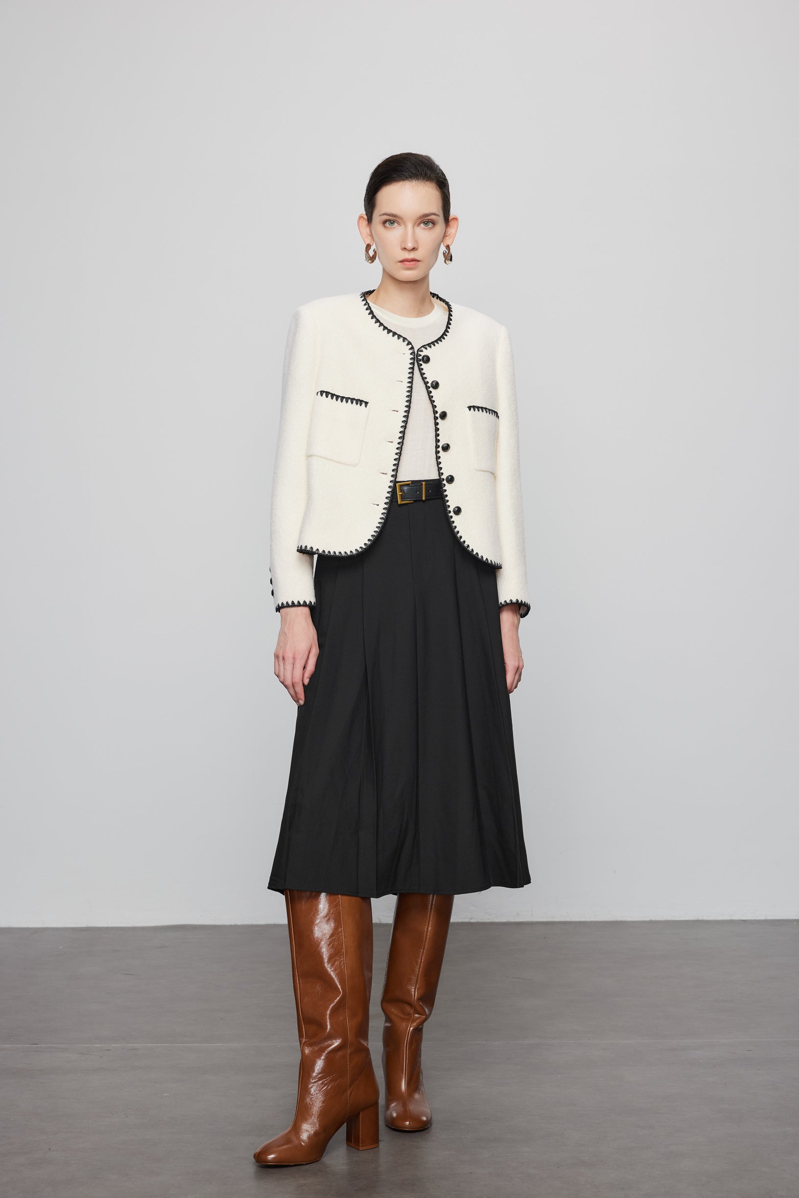 Max Simple Wool Jacket with Zigzag Trim White