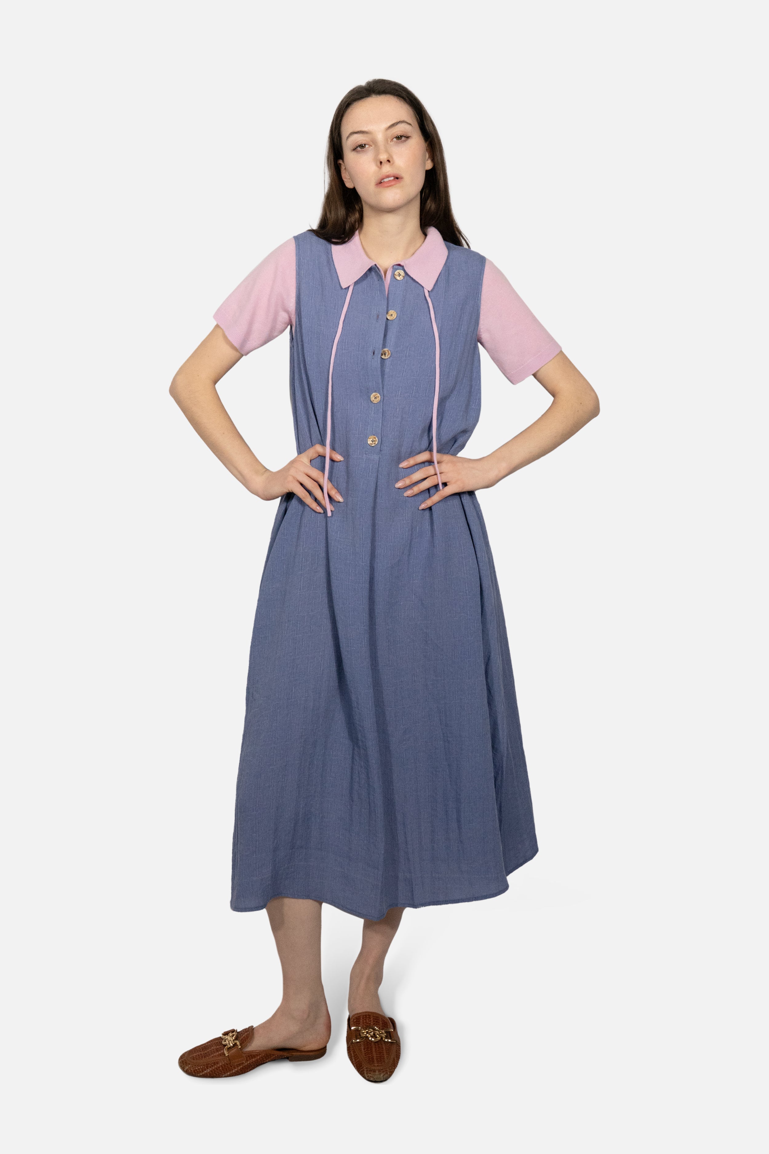 Drift Linen Button Midi Dress in Slate Blue - Du & Berry