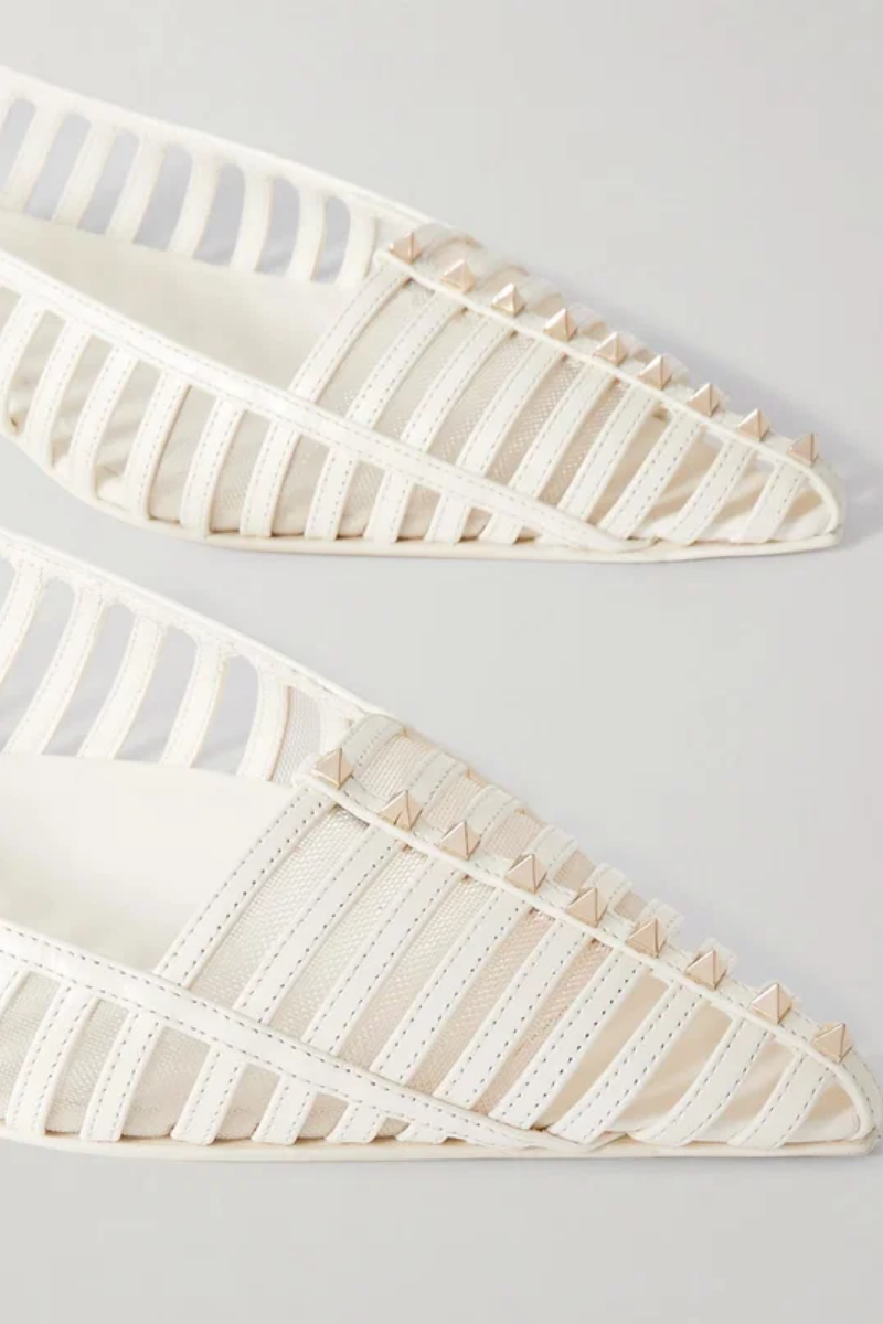 Valentino Garavani Rockstud Wispy Mesh-Trimmed Leather Sandals In White