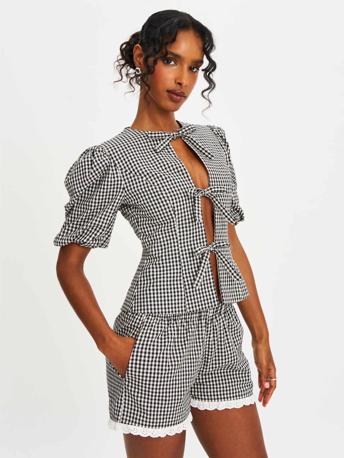 Qutayla Black Gingham Cotton Lace Trim Shorts