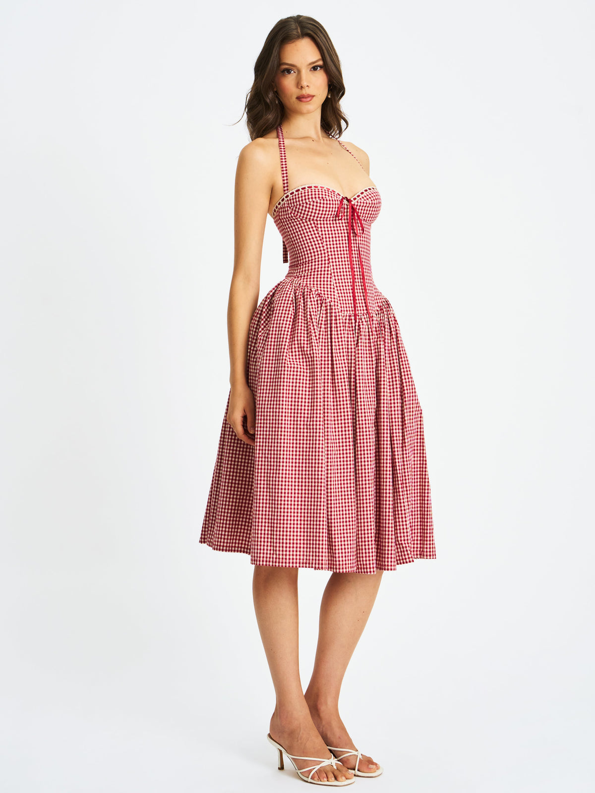 Susanna Red Cotton Gingham Drop Waist Midi Dress