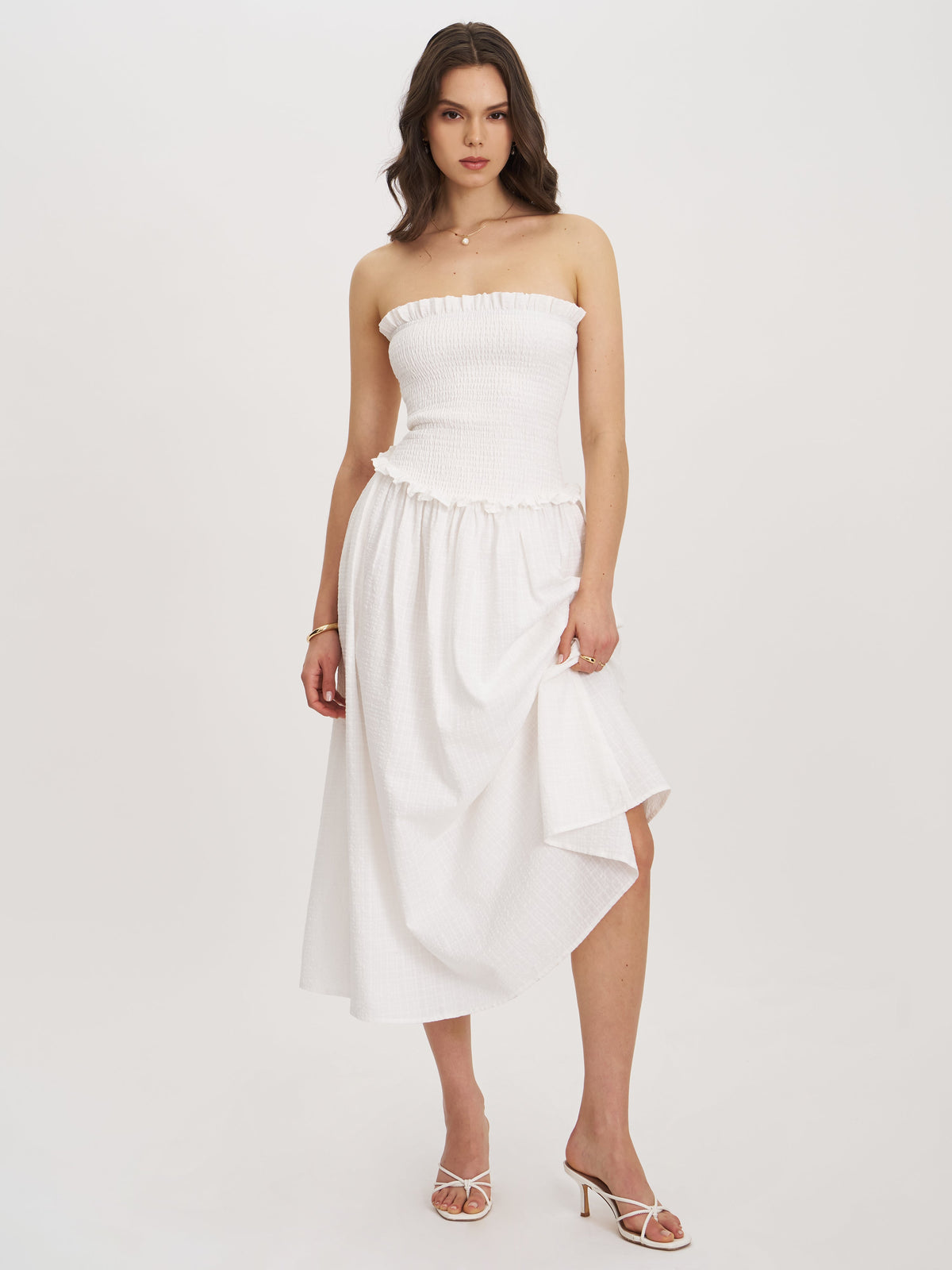 Quadiya White Cotton Seersucker Smocked Strapless Midi Dress