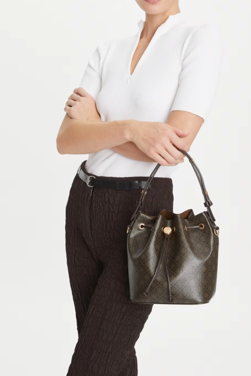 Tory Burch T Monogram Coated Canvas Bucket Bag in French Press