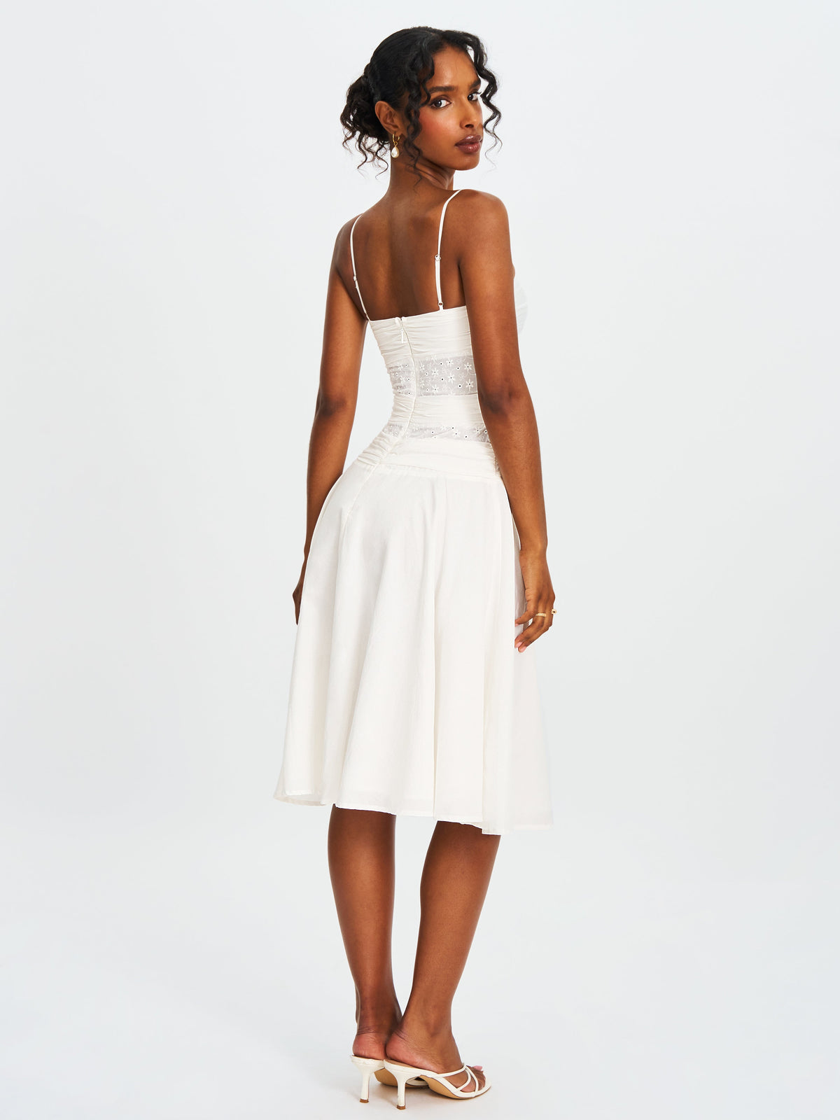 Maelis White Cotton Eyelet Drop Waist Midi Dress