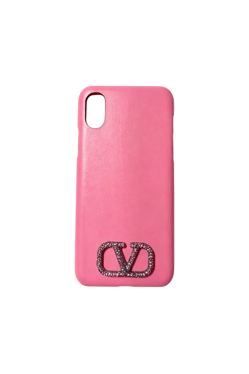 Valentino Garavani Crystal-embellished Vlogo Pink Leather iPhone XS Case