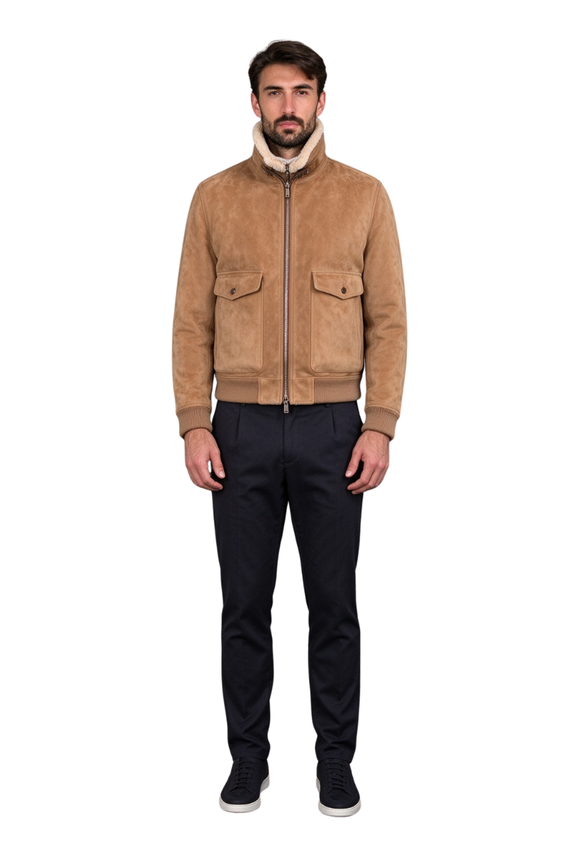 MooRER FIANO-ME7 Shearling Collar Bomber Jacket Camel