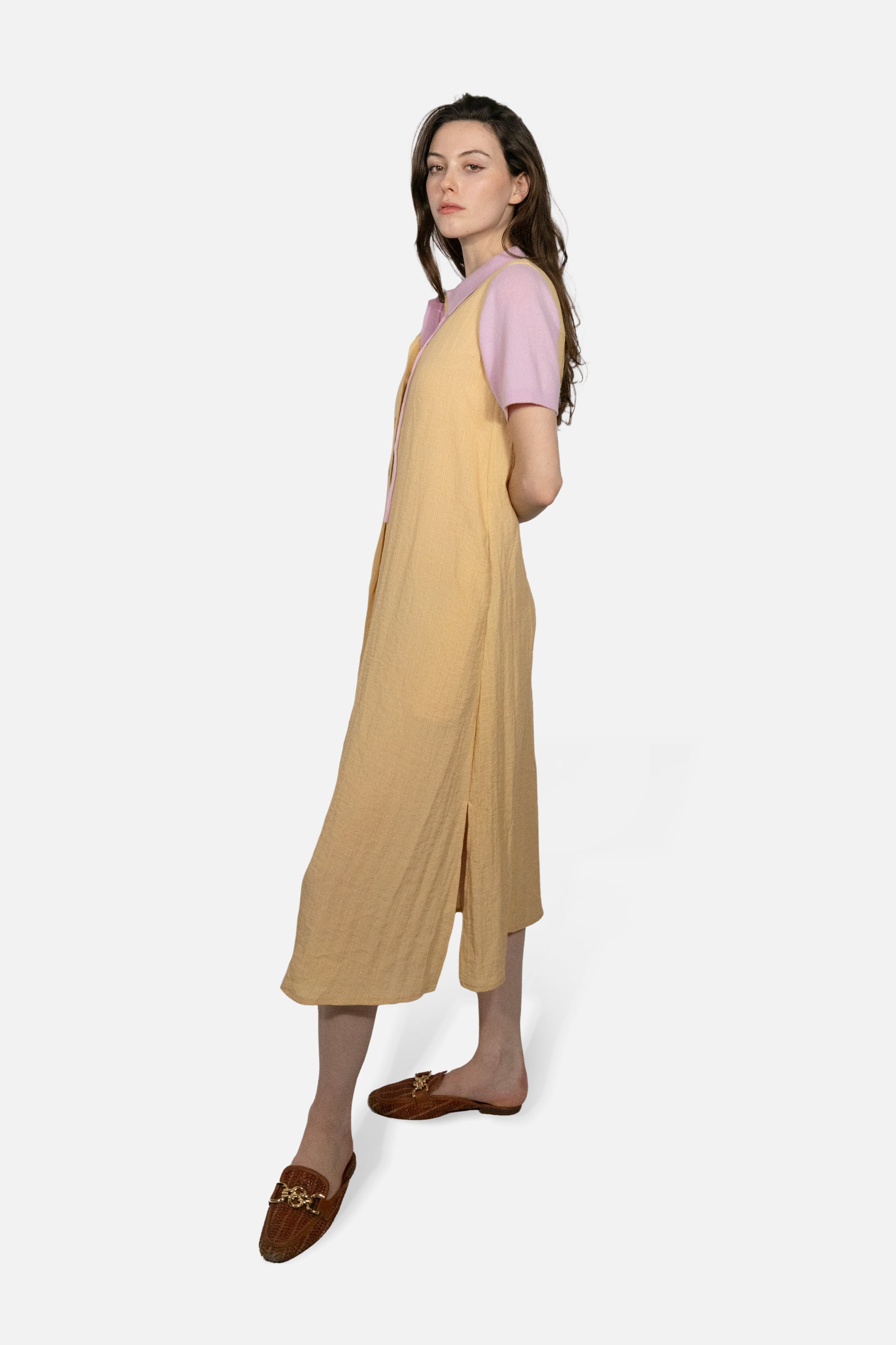 Drift Linen Button Midi Dress in Soft Mustard - Du & Berry