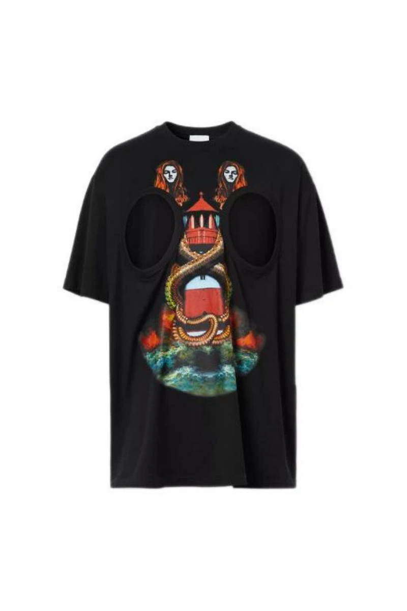 Burberry Mermaid-Print Cut-Out T-Shirt featuring a vibrant mermaid design and stylish cut-out details.