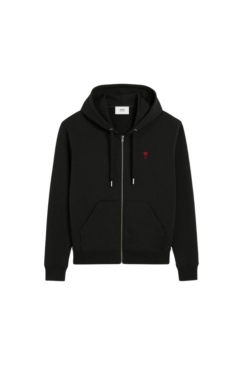 Ami Paris Cotton Red Ami De Coeur Zipped Hoodie-Black