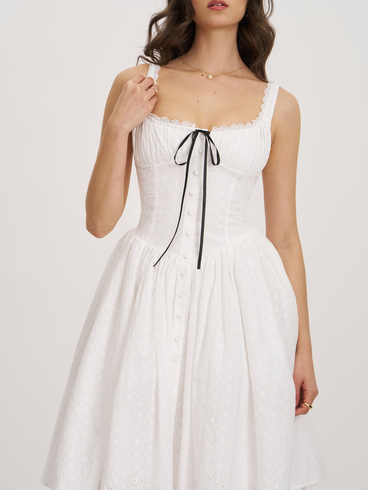 Madison White Cotton Eyelet Square Neck Midi Dress