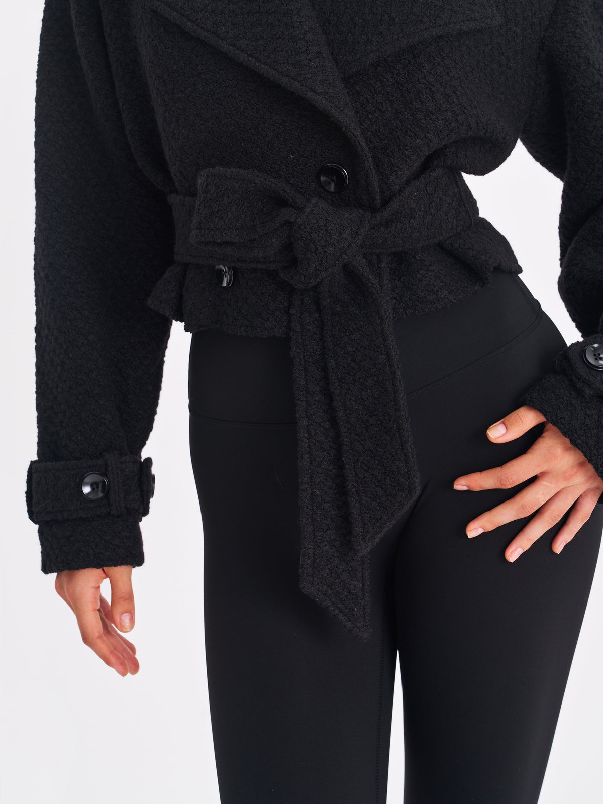 Dara Black Wool Blend Cropped Double-Breasted Belted Coat