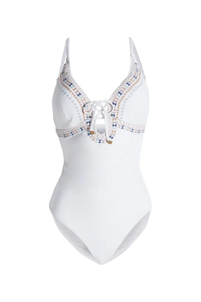 Tigerlily Elle Lace-Up Embroidered Swimsuit In White