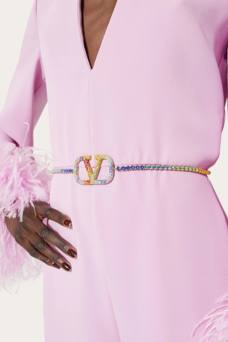Valentino Garavani Rainbow Rhinestone Vlogo Brass Belt