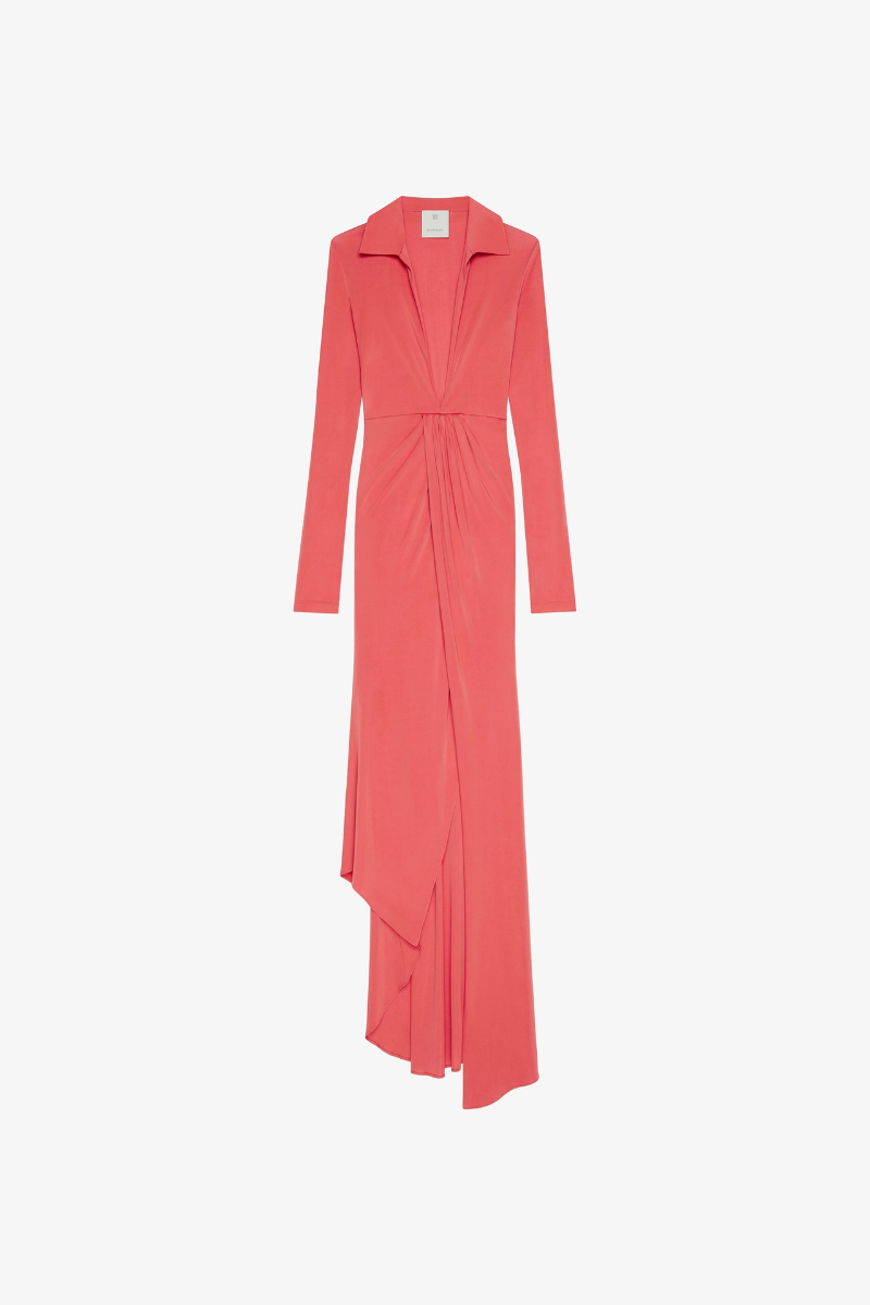 Givenchy Long Sleeve Draped Dress_Coral