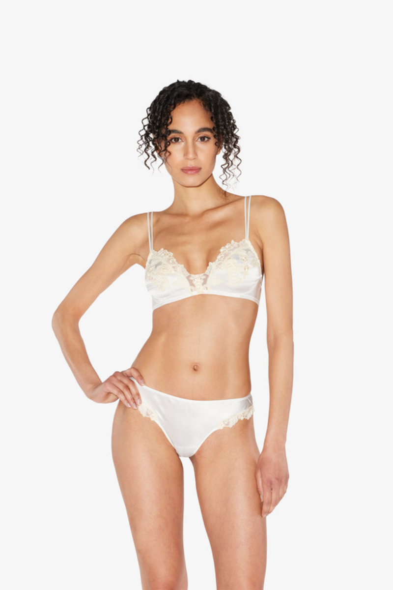 La Perla White Silk Non-Wired Triangle Bra with Ivory Frastaglio