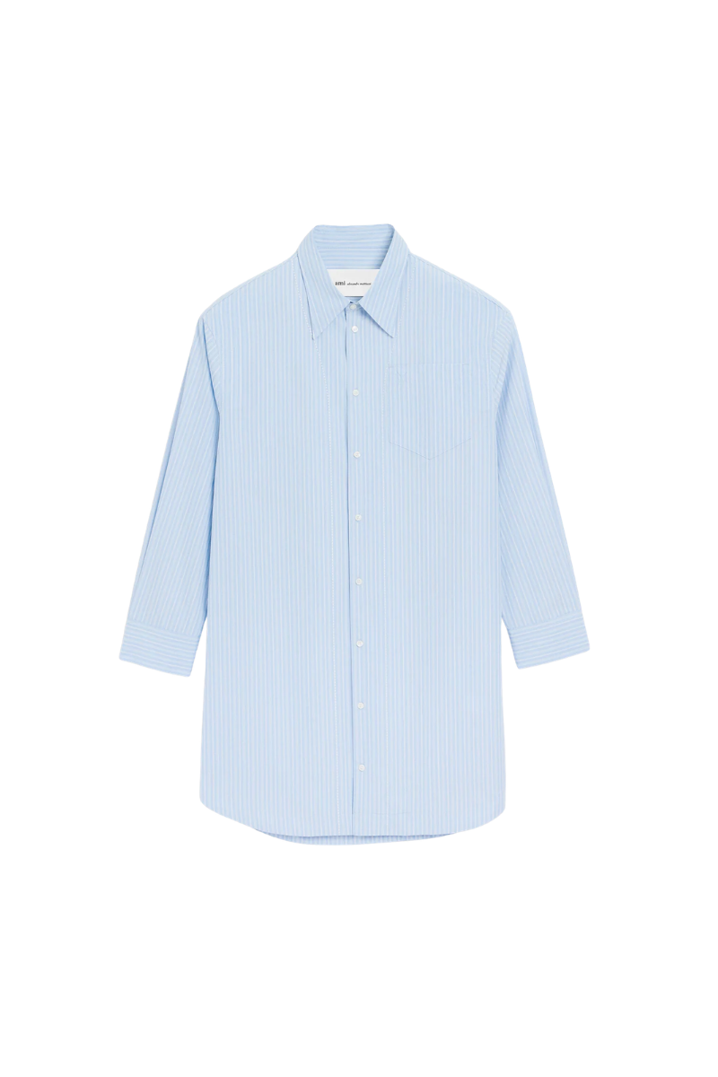 Ami Paris Long Sleeve Dress In Striped Cotton Poplin-Blue