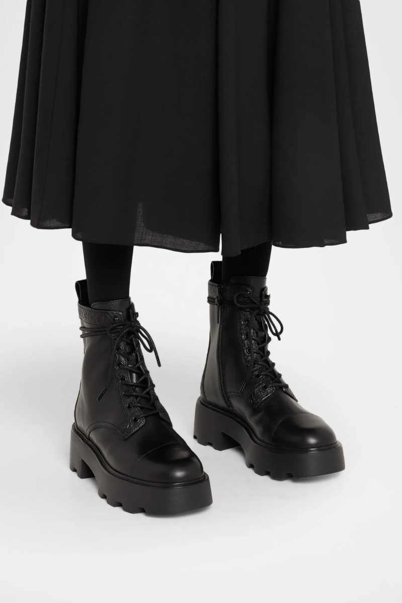 Tory Burch T Monogram Leather Lace-Up Ankle Boots 65mm in Black