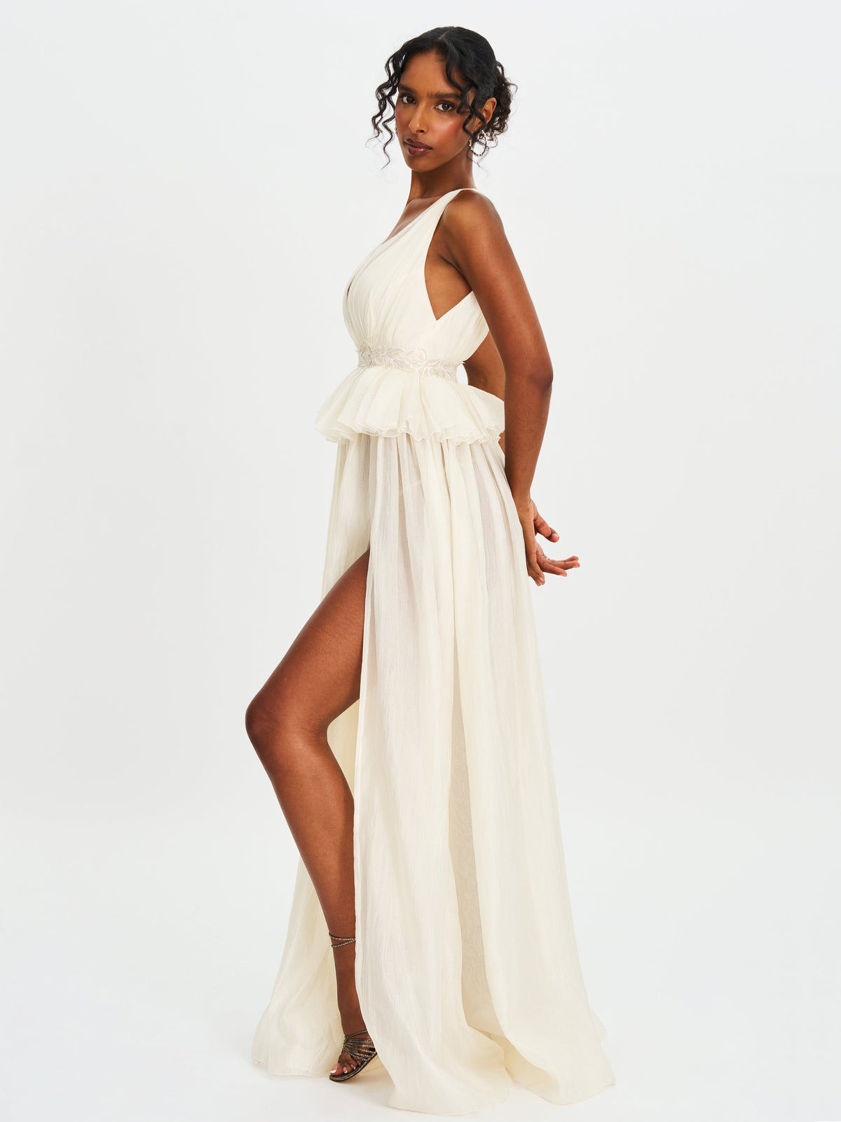 Calleigh Off White Flare Beaded Belt Maxi Gown