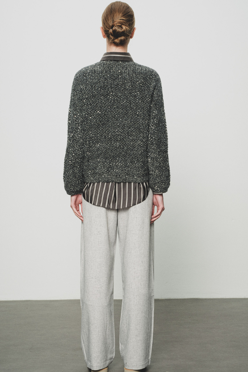Max Simple Sequin Puff-Sleeve Sweater Charcoal MSZM252377C