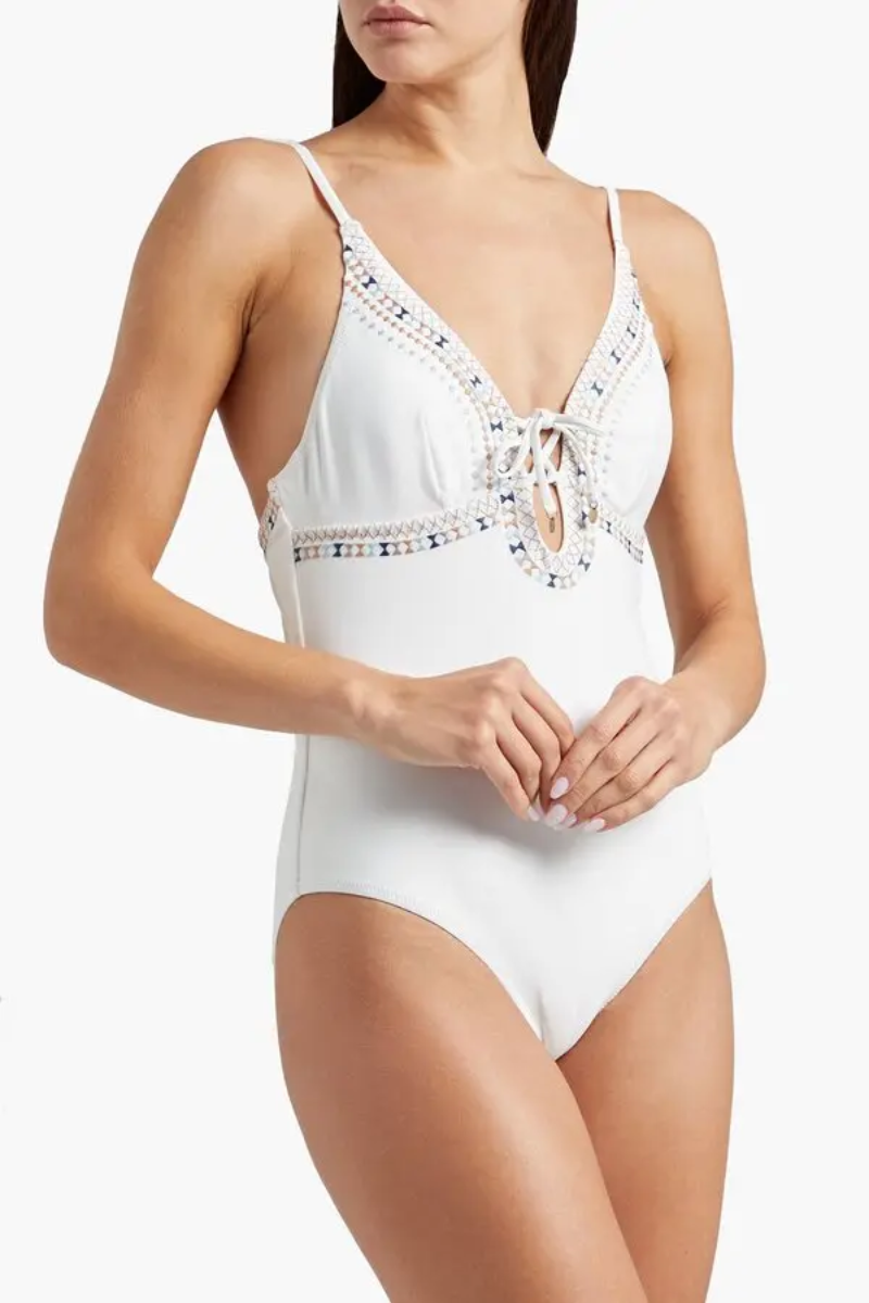 Tigerlily Elle Lace-Up Embroidered Swimsuit In White