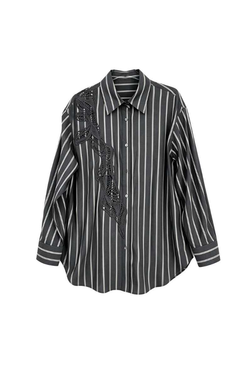 Max Simple Embroidered Stripe Silk Shirt Grey MSXN268851G