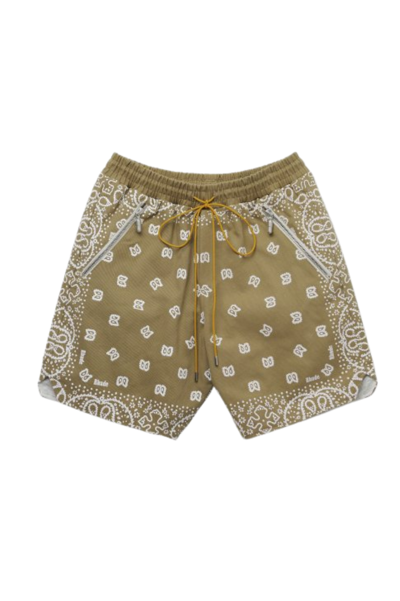 Rhude Straight Leg Bandana Print Cotton Twill Drawstring Shorts Neutrals
