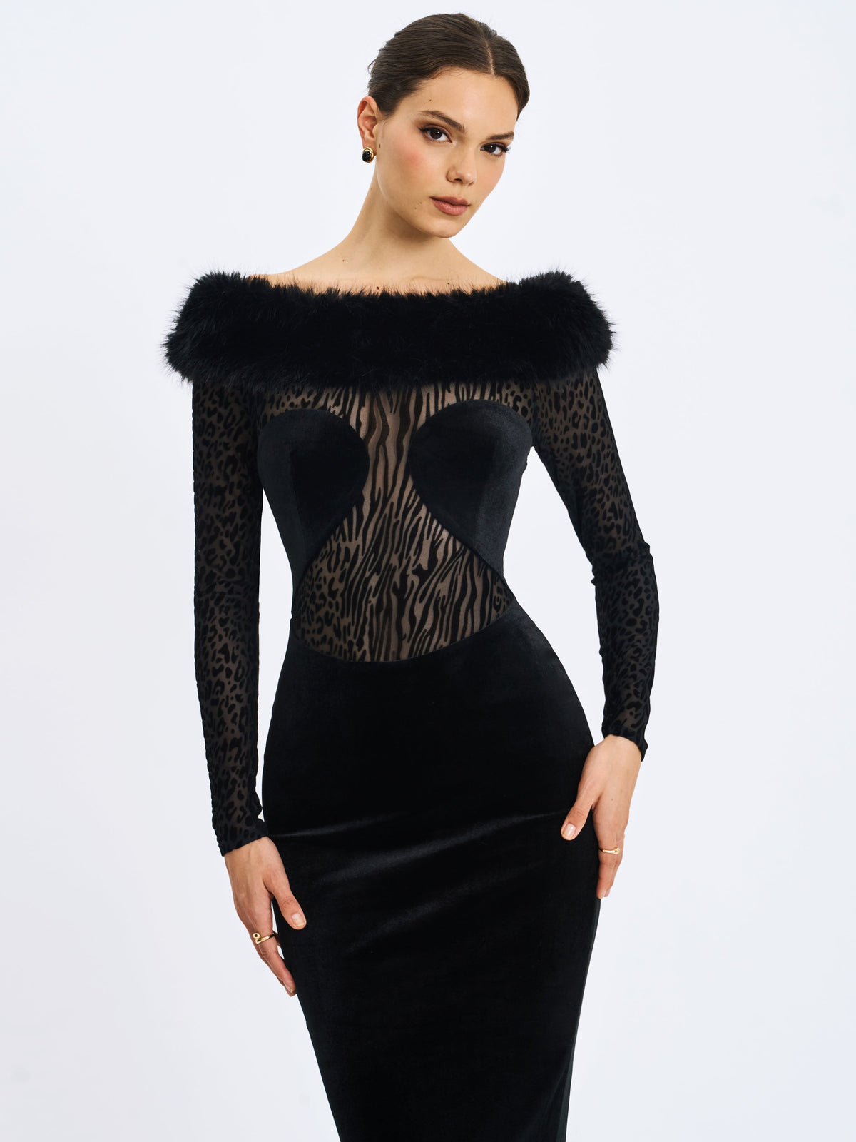 Alexis Black Velvet Animal Print Fur Boatneck Maxi Dress