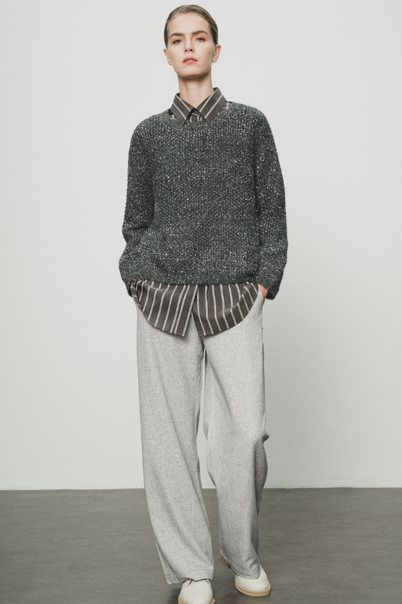 Max Simple Sequin Puff-Sleeve Sweater Charcoal MSZM252377C