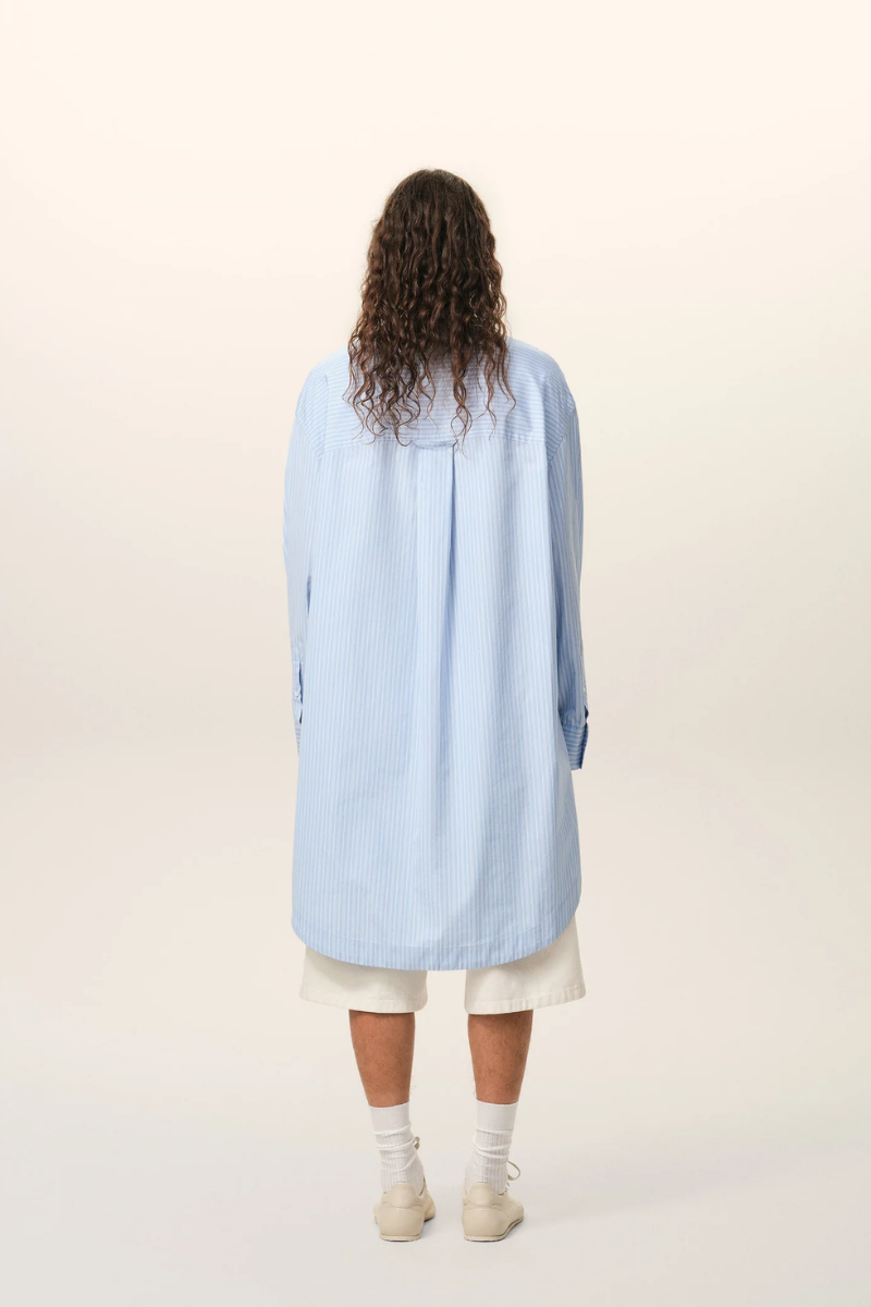 Ami Paris Long Sleeve Dress In Striped Cotton Poplin-Blue