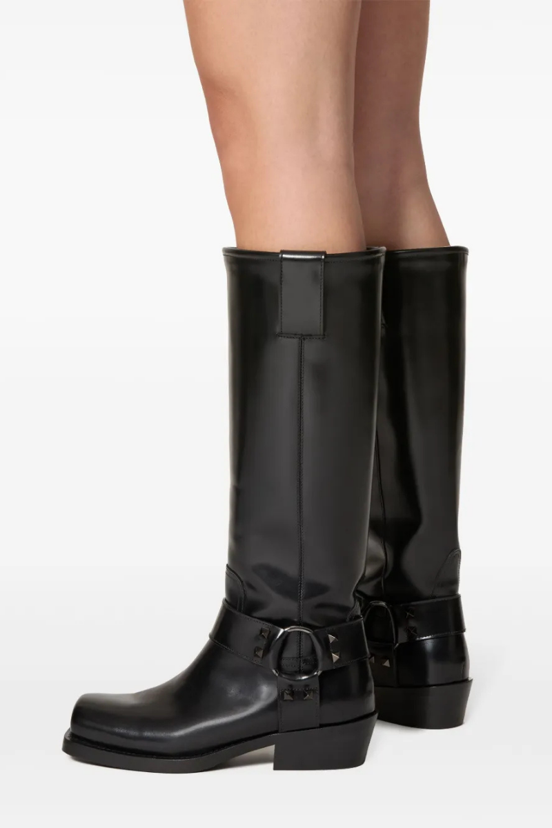 Valentino Garavani 40MM Rockstud Calfskin Biker Ankle Boots In Black
