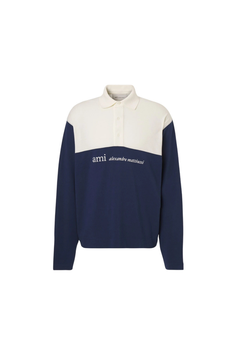 Ami Paris Colorblock Logo Cotton Piqu¨¦ Polo Shirt-Blue