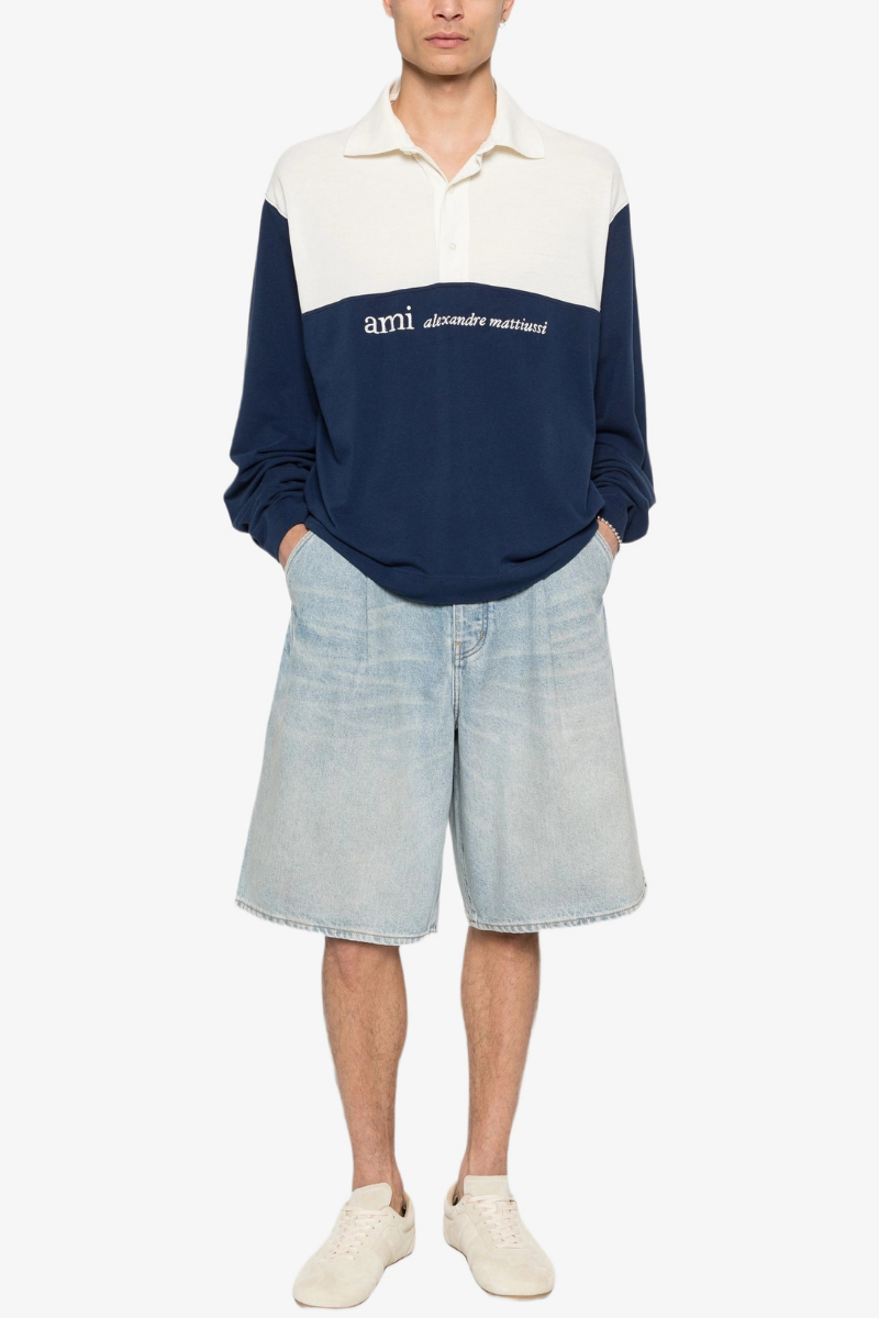 Ami Paris Colorblock Logo Cotton Piqu¨¦ Polo Shirt-Blue