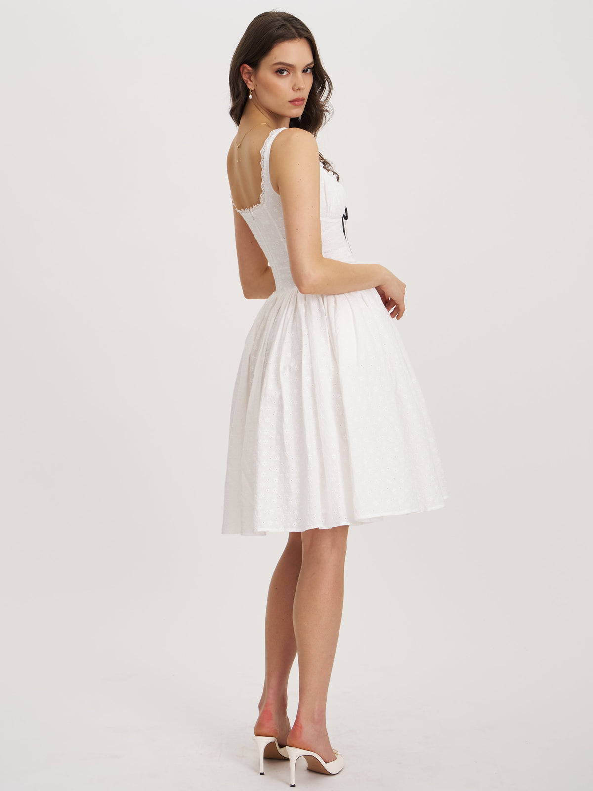 Madison White Cotton Eyelet Square Neck Midi Dress