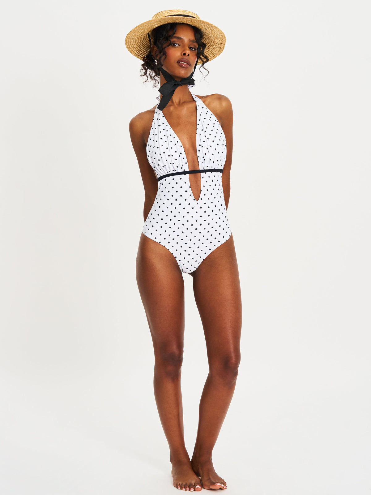 Olive White Base Polka Dot Ruched Halter Backless Swimsuit