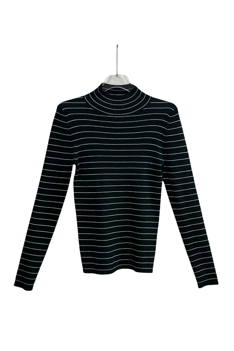 Max Simple Mock Neck Striped Wool Sweater Black Stripes