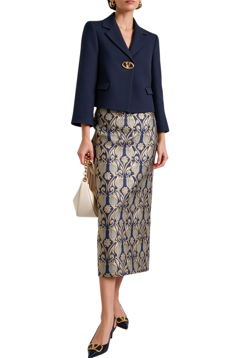 Valentino Back Slit Mid Rise Midi Skirt Pure Blue/Gold 5B3RABN68NA_ZFX