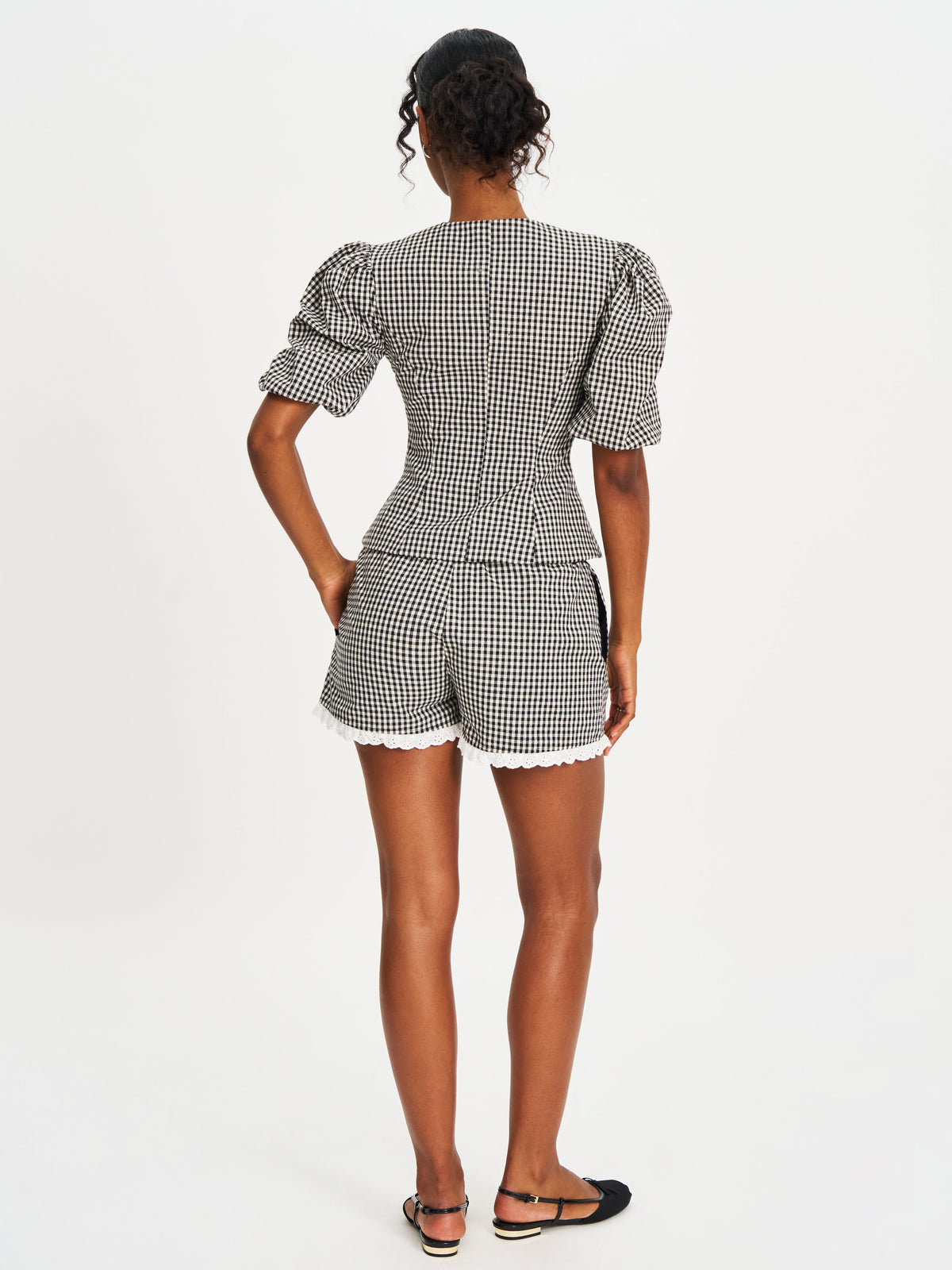 Qusayla Black Gingham Cotton Bubble Sleeve Bowtie Top