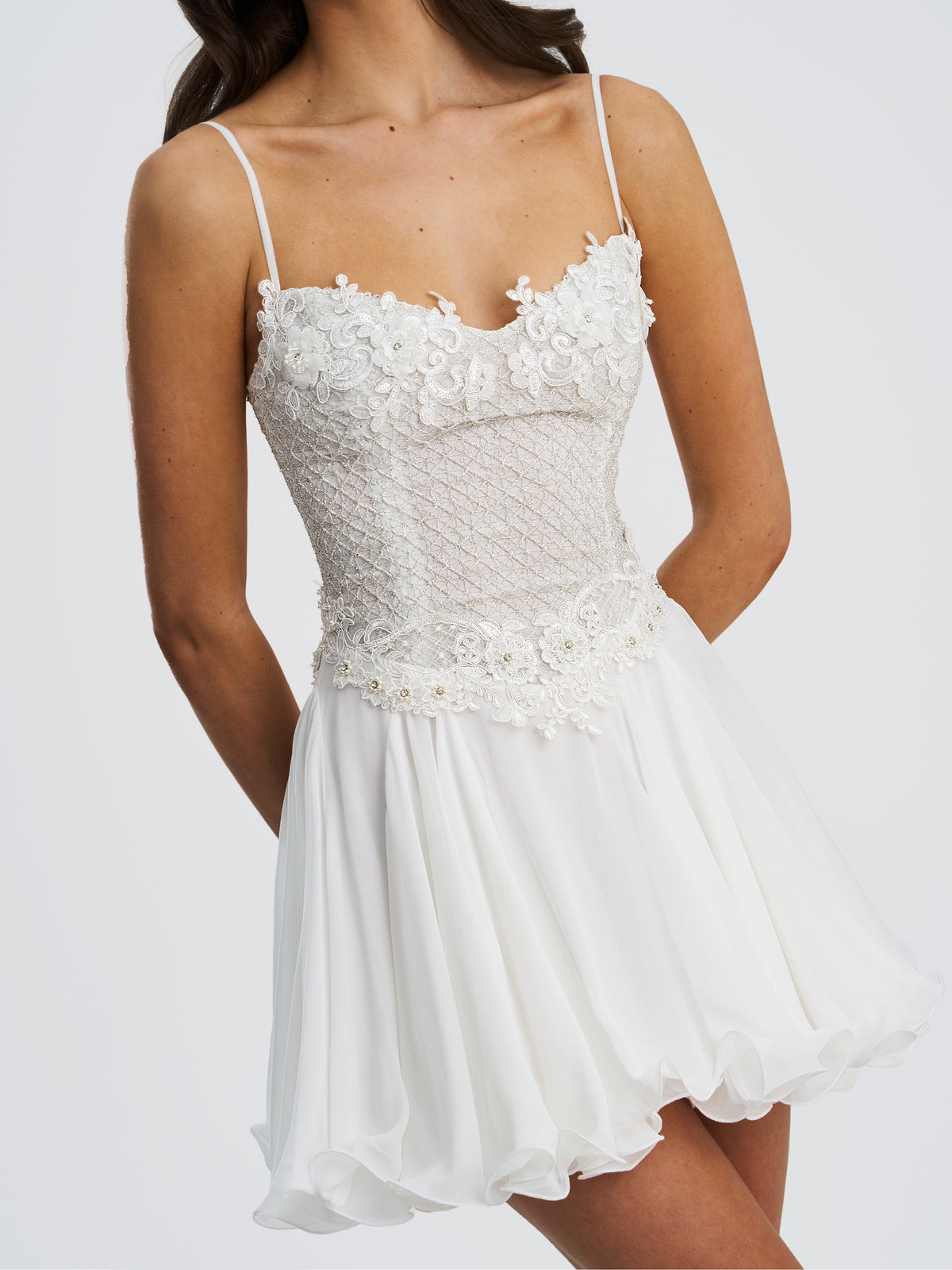 Fabiola Lace Trim Silver Net Top Mini Flare Chiffon Dress