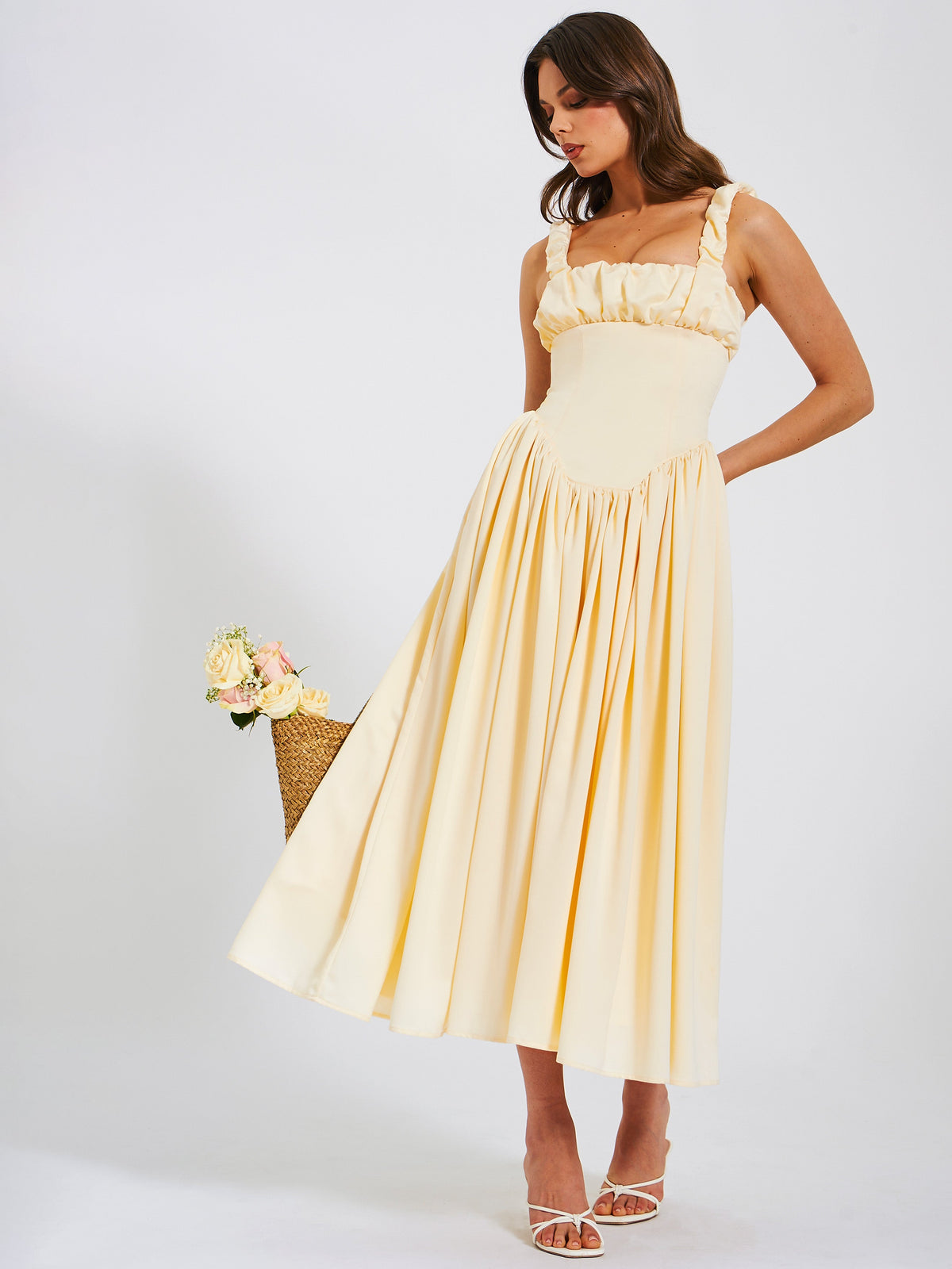 Noreen Egg White Satin Drop Waist Maxi Sundress (Archive Sale)