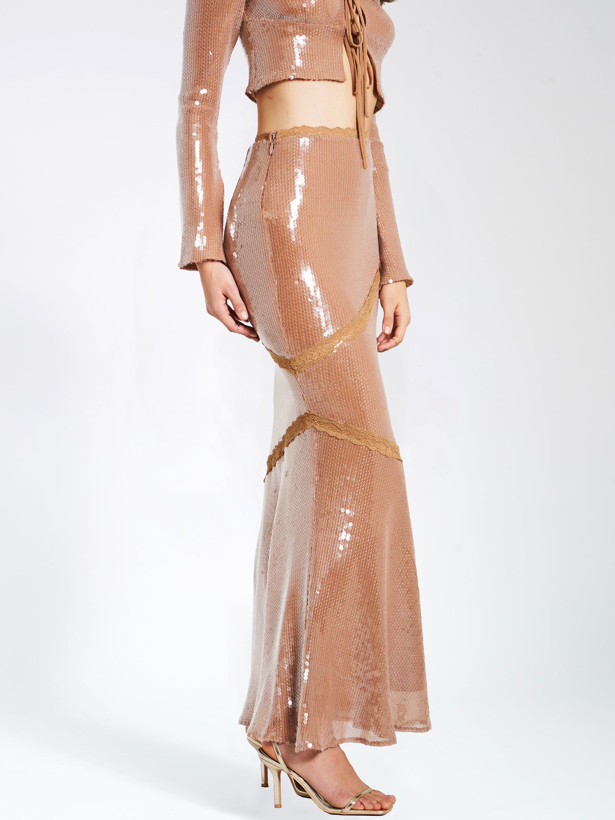 Odalis Nude Sequin Maxi Skirt With Lace Trim (Archive Sale)
