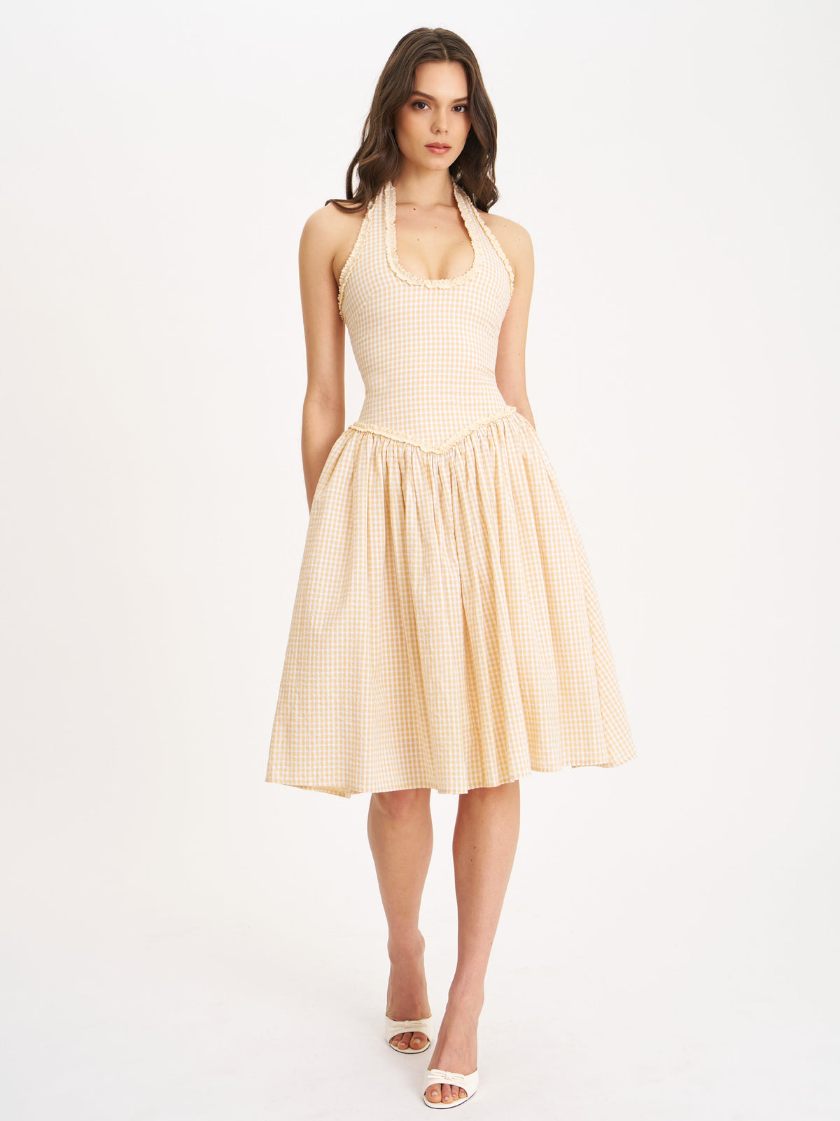 Idella Yellow Gingham U Neck Midi Dress (Archive Sale)