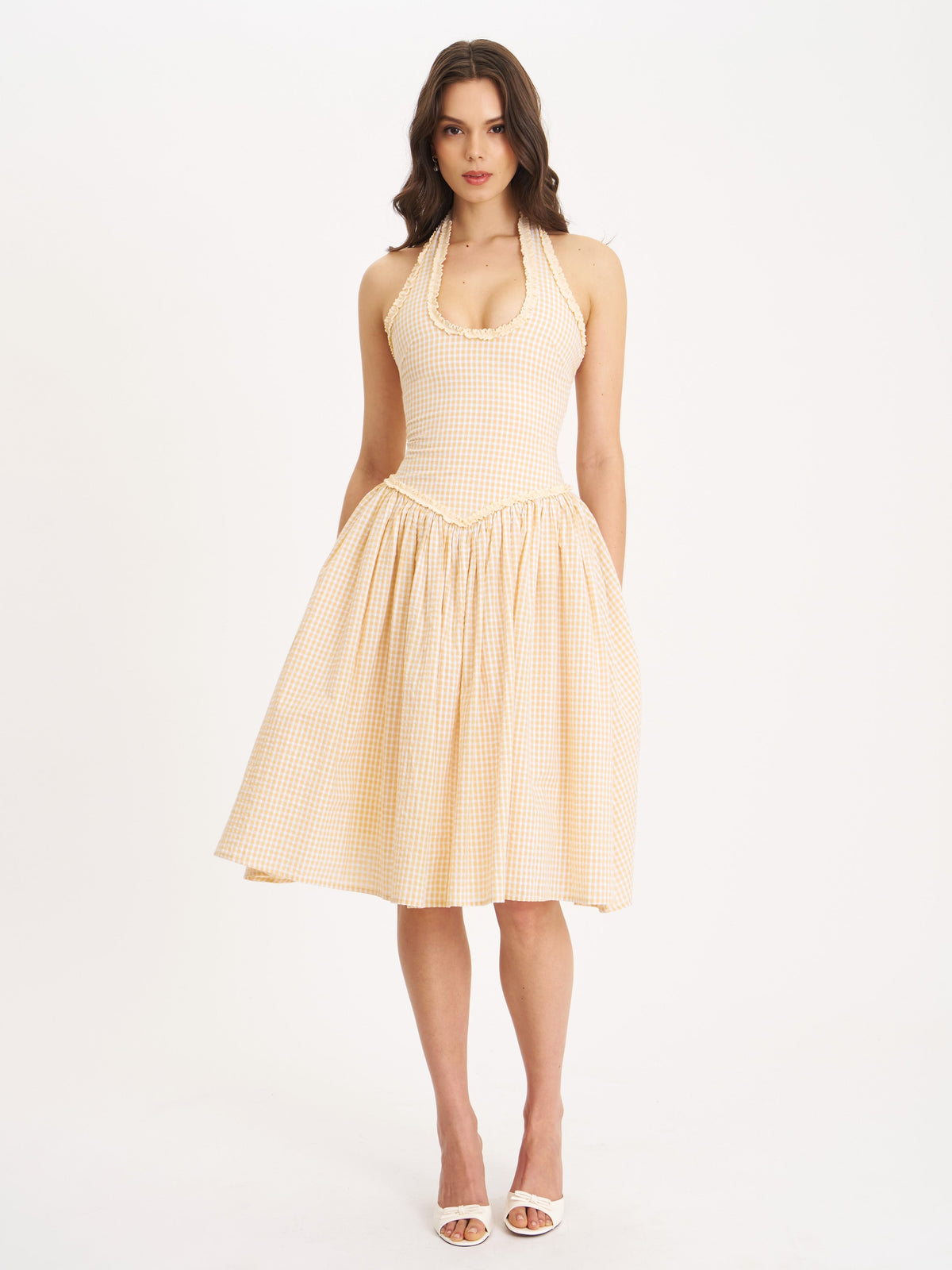 Idella Yellow Gingham U Neck Midi Dress (Archive Sale)