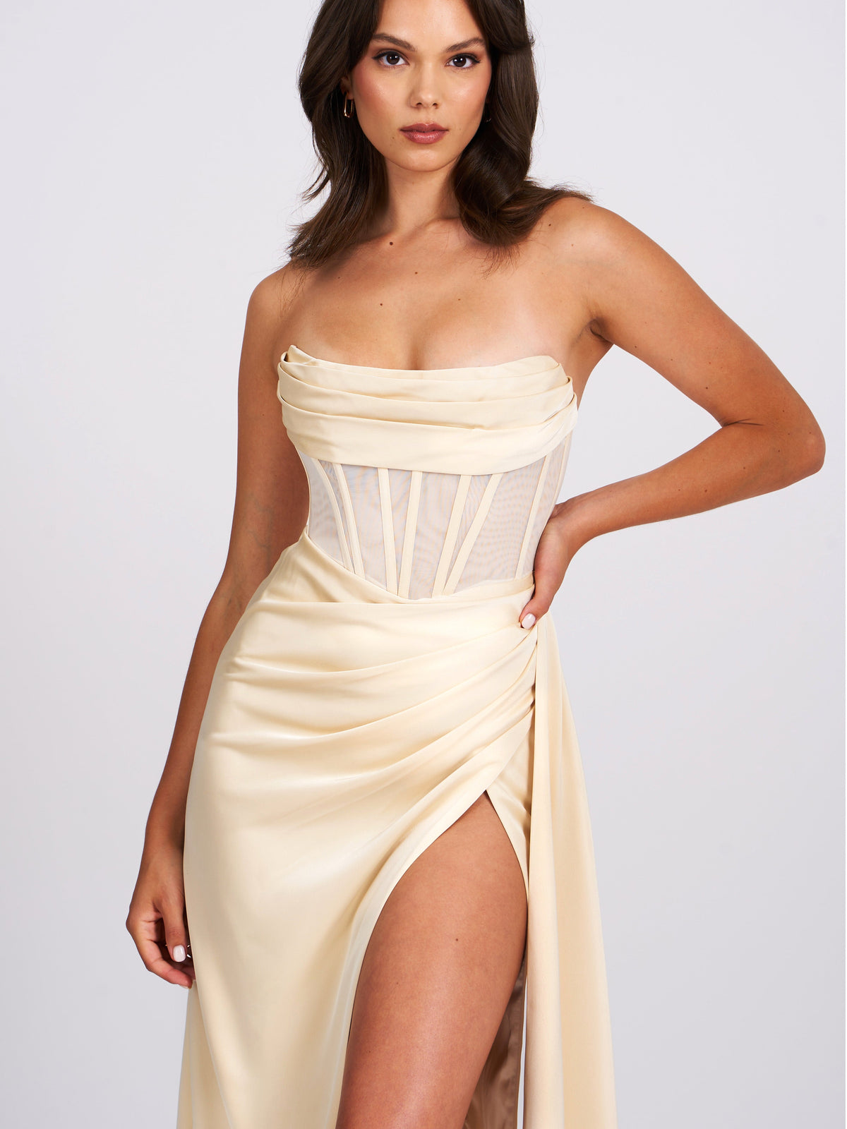 Prisa Egg White High Slit Satin Corset Gown (Archive Sale)