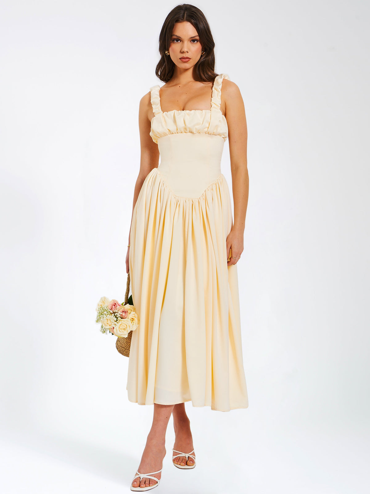 Noreen Egg White Satin Drop Waist Maxi Sundress (Archive Sale)
