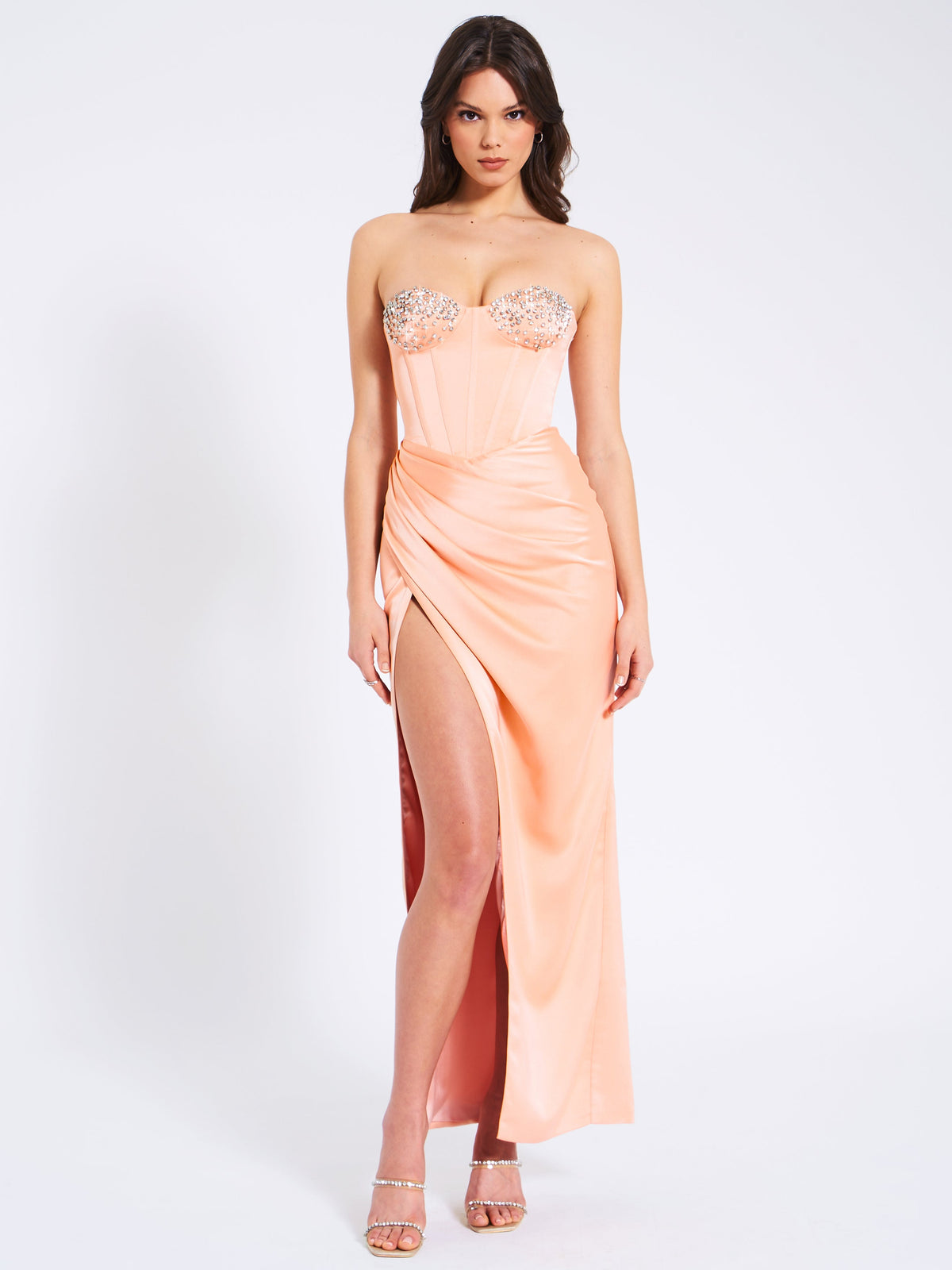 Amelia Blush Satin Corset Slit Gown With Crystal Embellished (Archive Sale)