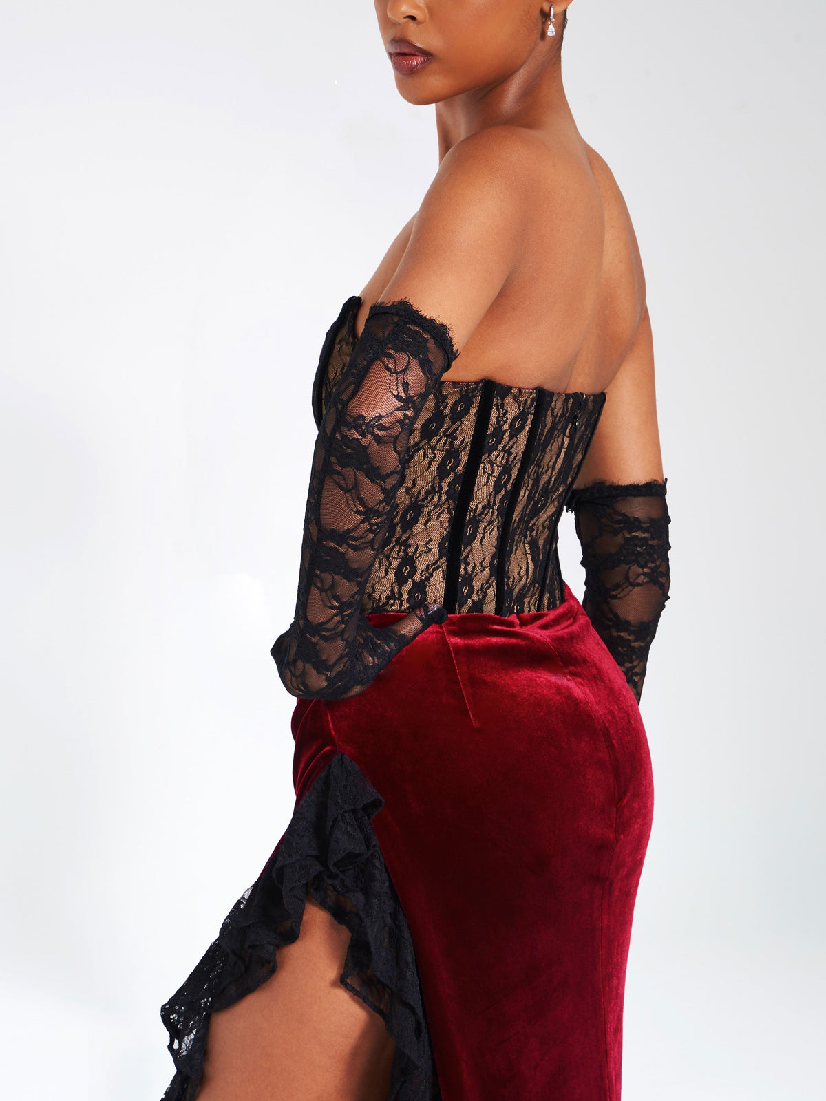 Gaia Burgundy Lace Velvet Corset Side Slit Dress (Archive Sale)