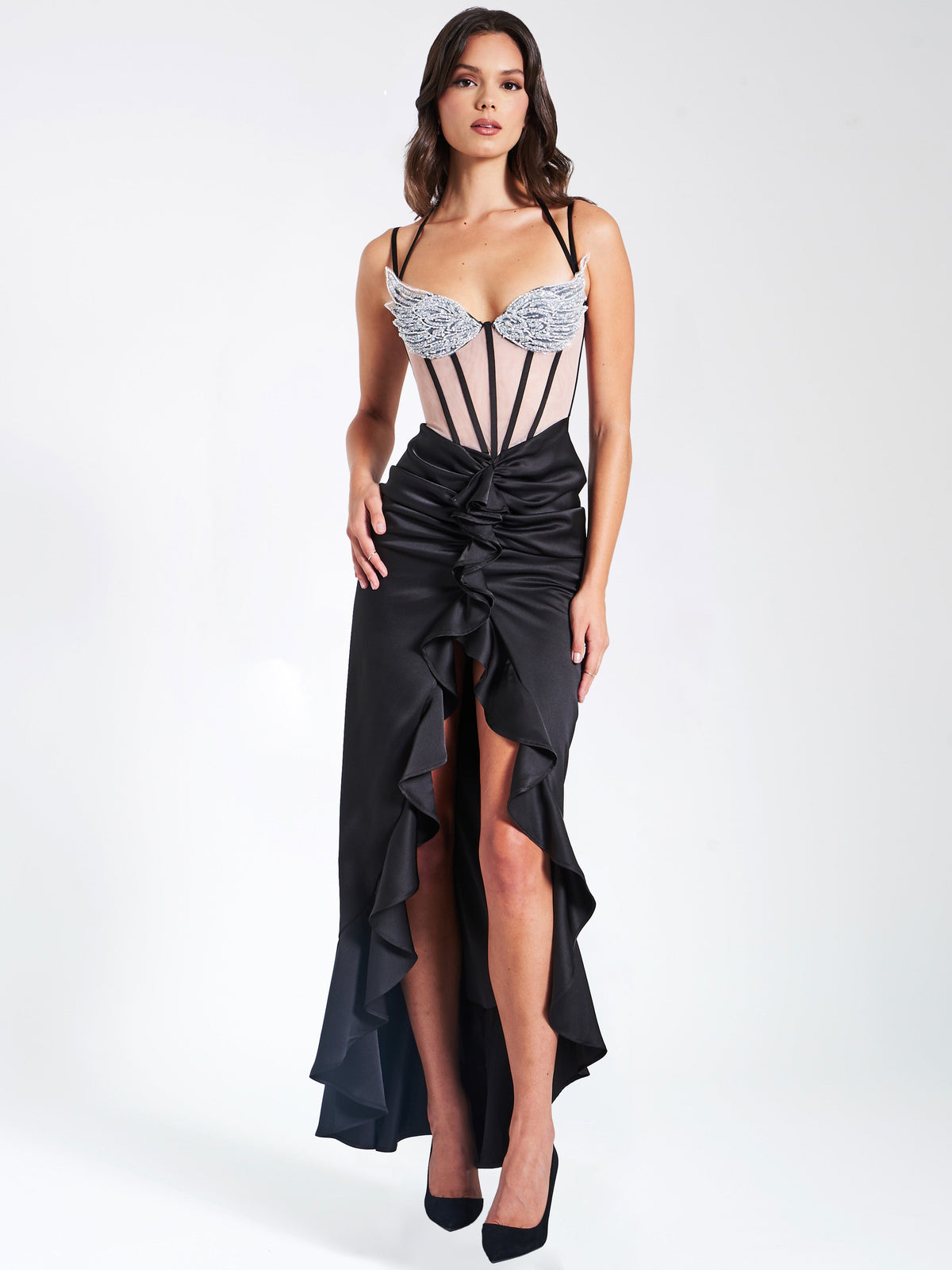 Rafaela Black Satin Corset Sequin Wing Cup Dress (Archive Sale)