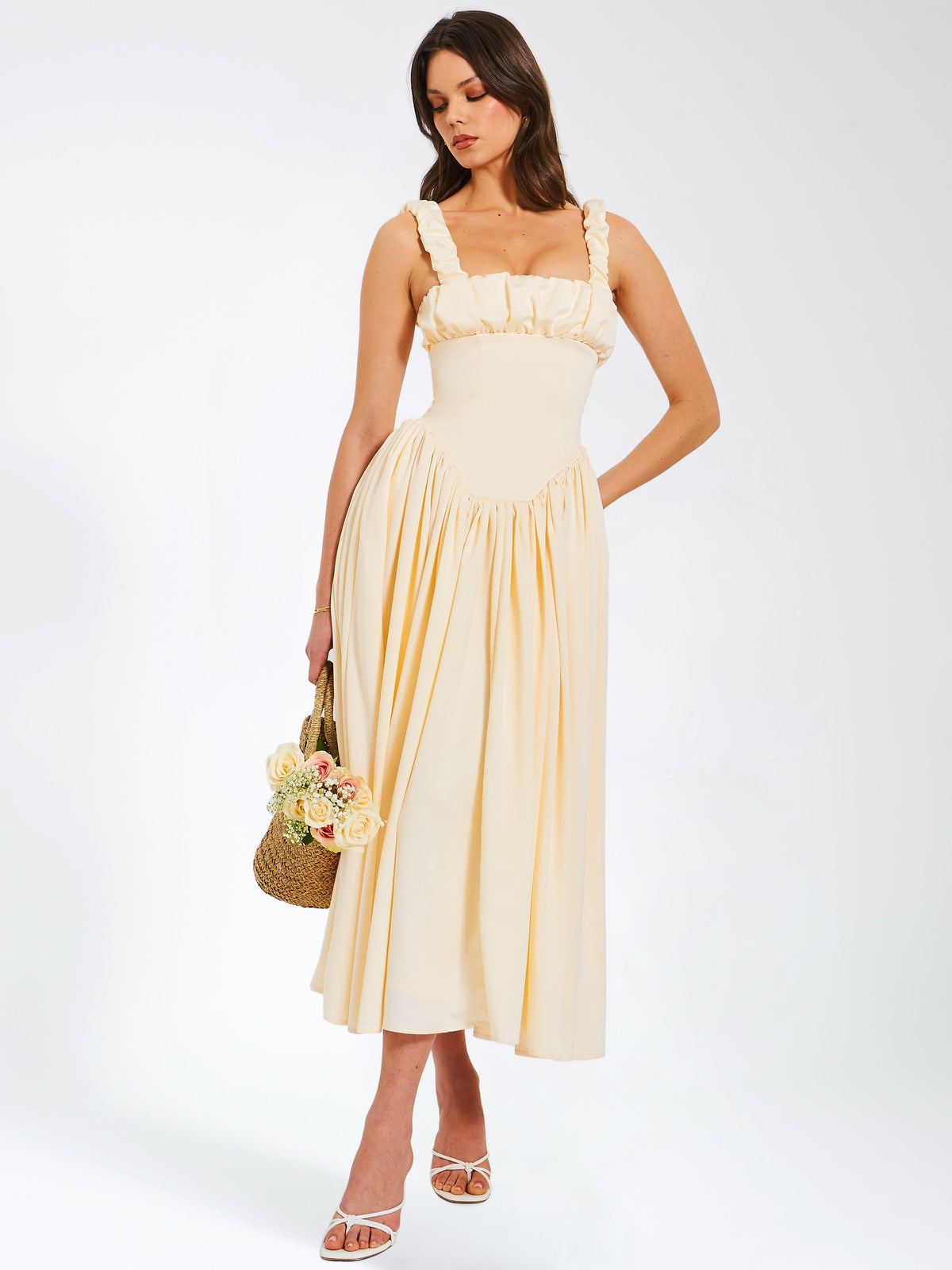 Noreen Egg White Satin Drop Waist Maxi Sundress (Archive Sale)