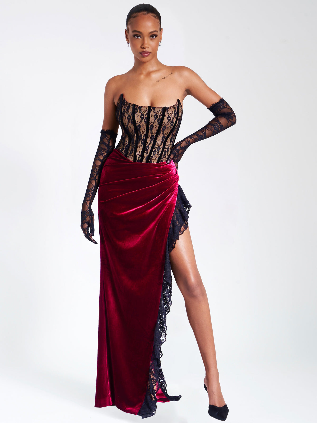 Gaia Burgundy Lace Velvet Corset Side Slit Dress (Archive Sale)
