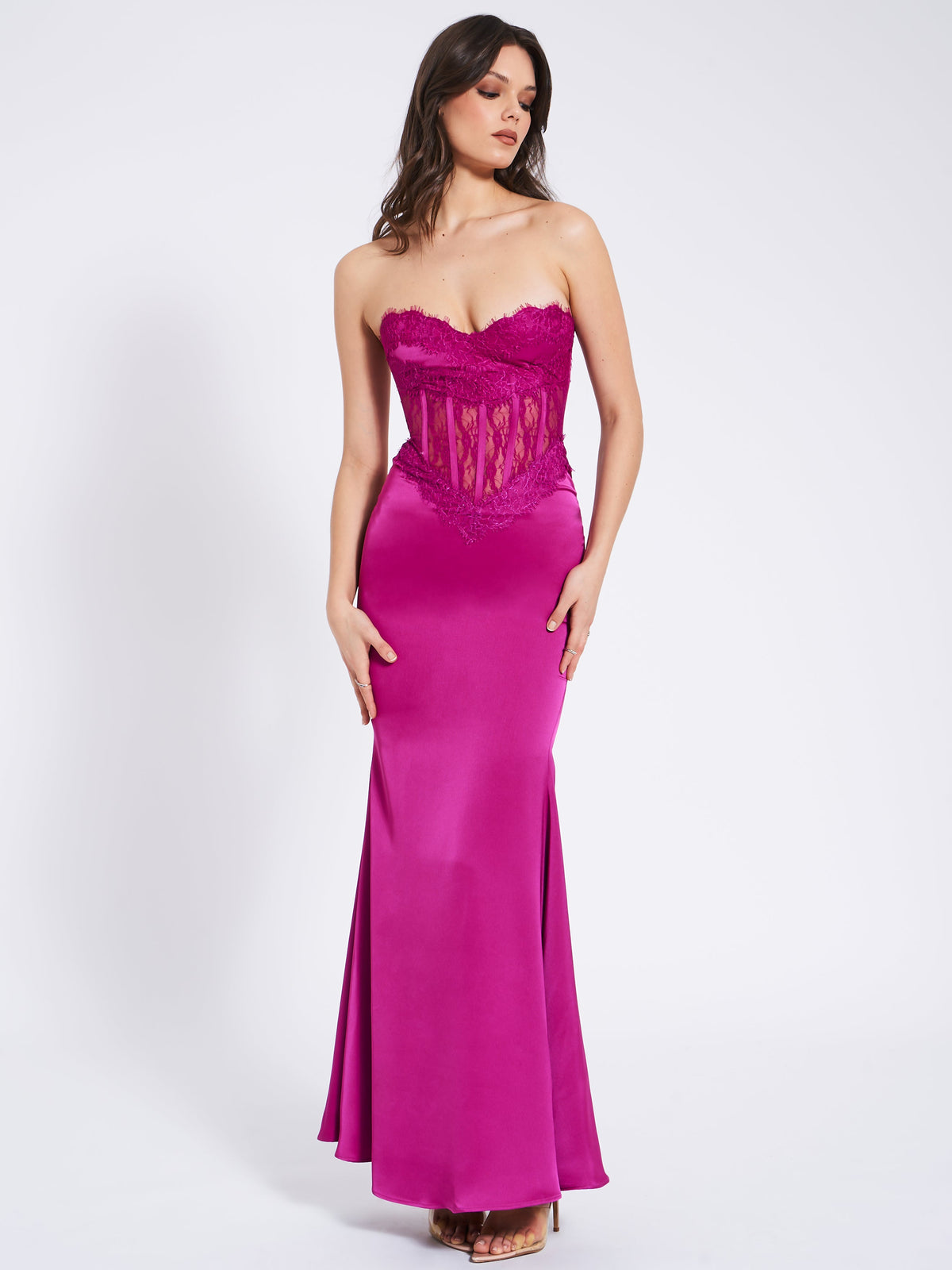 Everleigh Fuchsia Lace Satin Corset Maxi Dress (Archive Sale)
